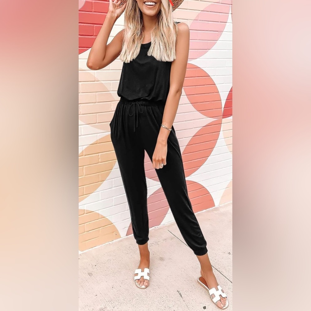 ANRABESS Causal Tank Jumpsuits Drawstring Elastic Waist Loose Romper with Pocket
